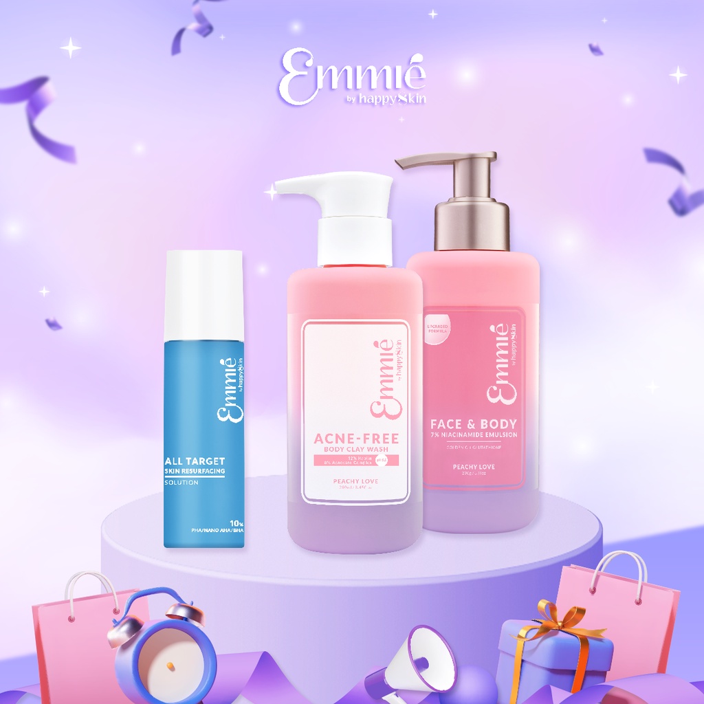 Combo: Sữa tắm đất sét + Face & Body 7% Niacinamide + Toner 10% PHA/NANO AHA/BHA 50ml Emmié by HappySkin