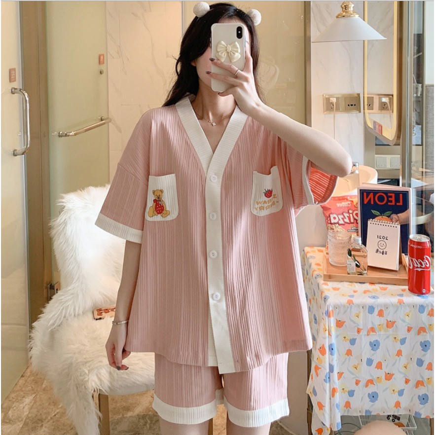HÀNG SẴN_Bộ Ngủ Pyjama Cotton Kiểu Cổ Yukata Korea Style Mùa Hè 2021