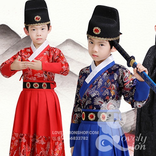 Hán phục màu đỏ và xanh dương cho bé trai+phụ kiện như hình