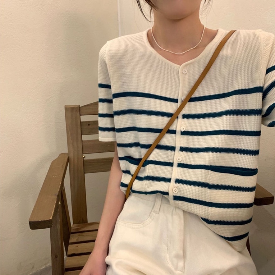 Áo cardigan dệt kim ZHELIHANGFEI tay ngắn cổ tròn họa tiết sọc đơn giản dễ thương