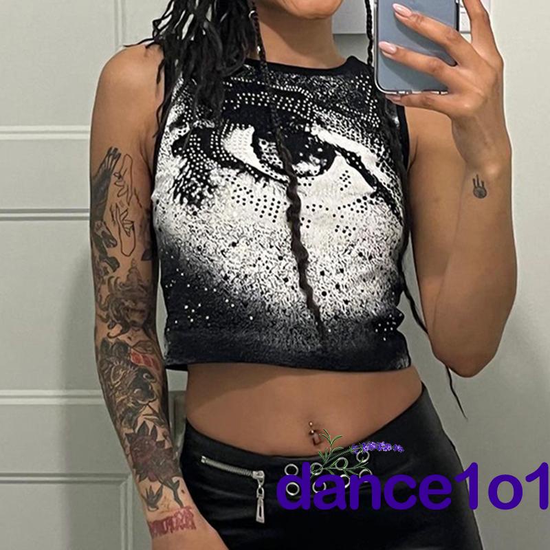 Áo tanktop cổ tròn họa tiết mắt đính đá thời trang cho nữ