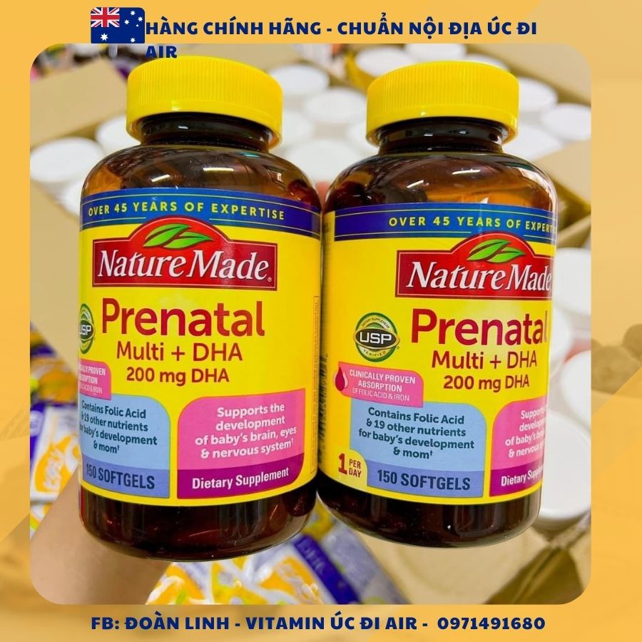 Vitamin Cho Bà Bầu Nature Made Prenatal Multi DHA 200mg, Hàng Chuẩn Mỹ, Bầu mỹ Prenatal số 1 Mỹ