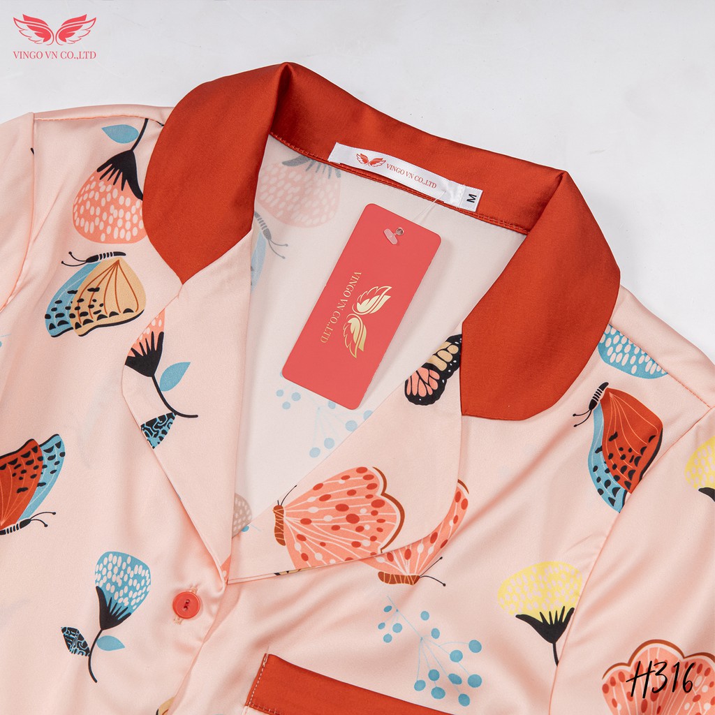 VINGO Bộ đồ nữ Pyjama lụa Pháp cao cấp mặc nhà mặc ngủ tay ngắn quần ngắn cộc họa tiết cánh hoa Vingo mã H316 VNGO | BigBuy360 - bigbuy360.vn