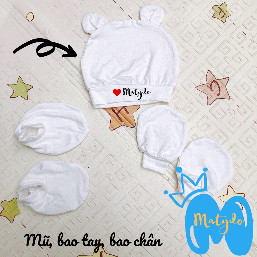 Quần áo sơ sinh set gồm mũ, bao tay, bao chân bé trai bé gái mùa hè đông giá rẻ cho bé MATYDO trắng SS711