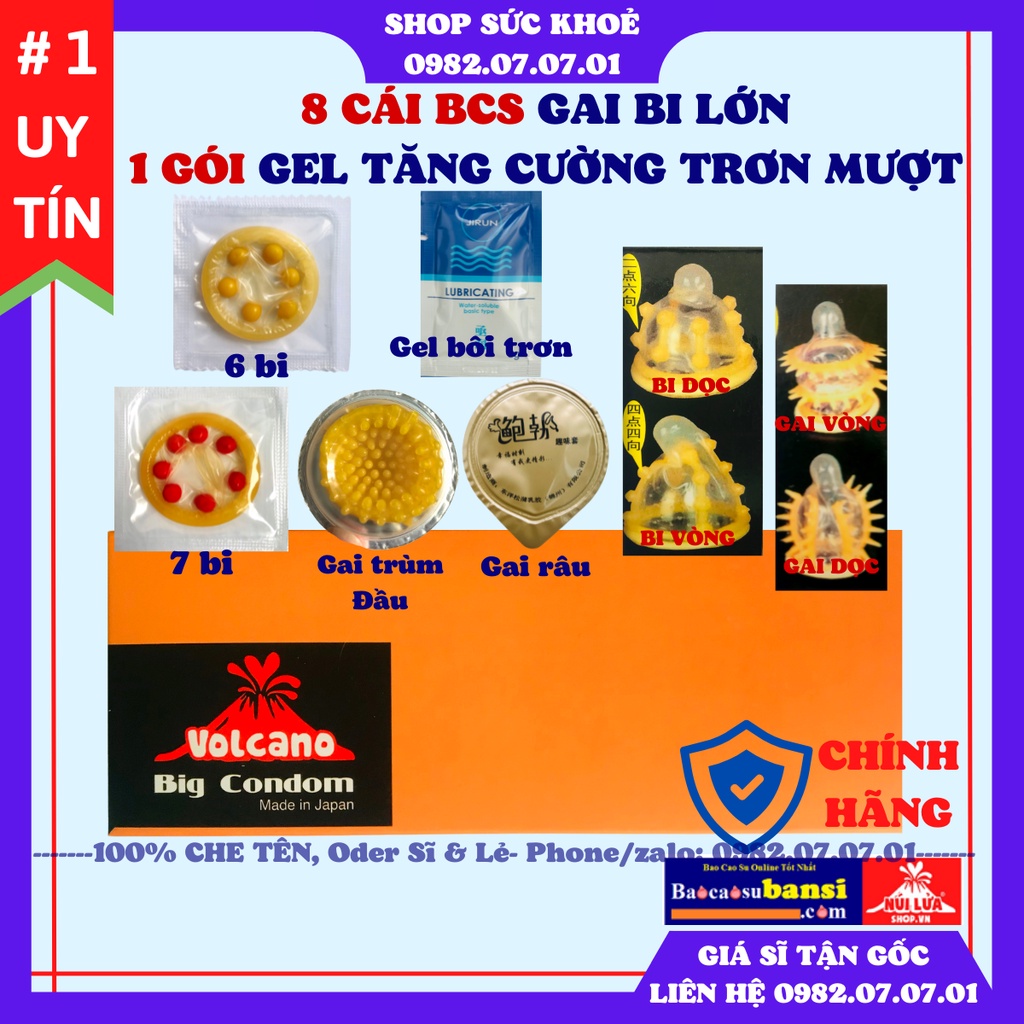 Bao cao su Bi Gai Volcano, hộp 8 cái BCS+1 gói gel bôi siêu trơn mượt, Với tinh năng gai bi lớn tổng hợp độc đáo nhất.