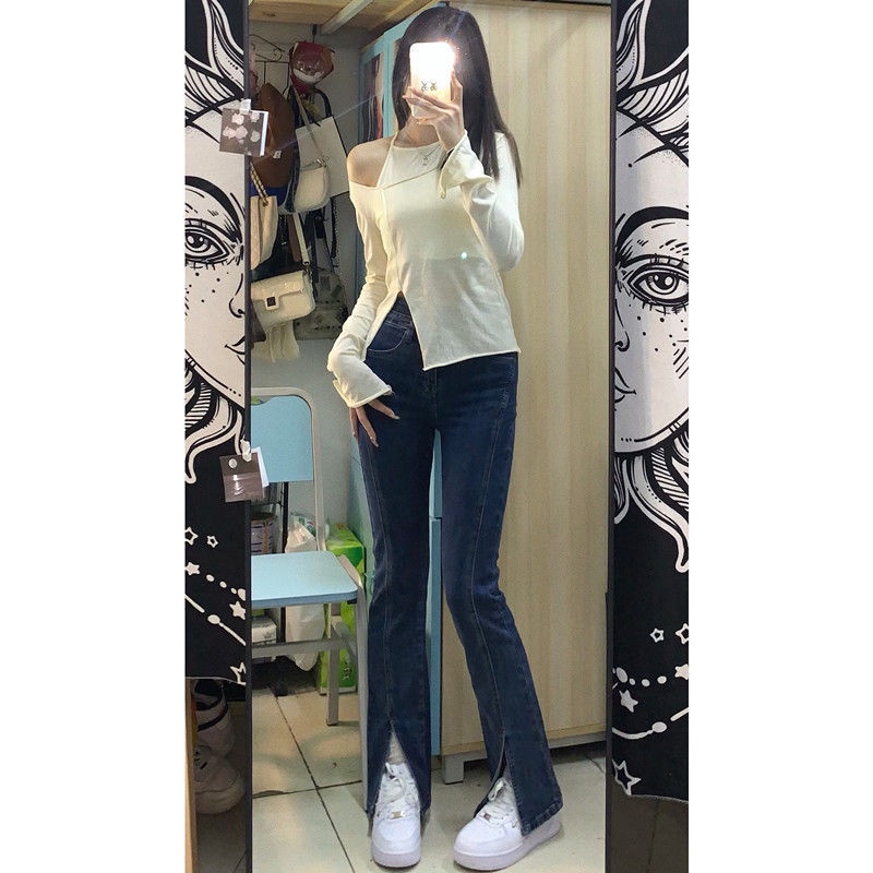 Cocory vn Quần Jeans Nữ Ống Loe Xẻ Tà Thời Trang