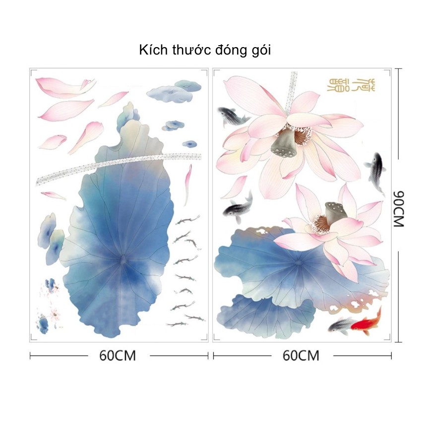 Decal dán tường trang trí - CÁ SEN HỒNG ĐÀI XANH TAO NHÃ THANH LỊCH THANH LỊCH