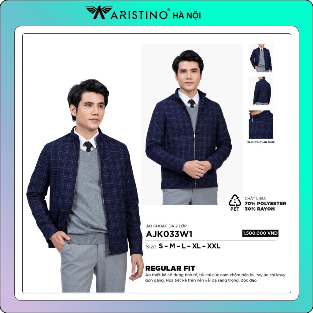 Áo khoác dạ nam 2 lớp Aristino cổ trụ cúc nam châm cao cấp AJK033W1