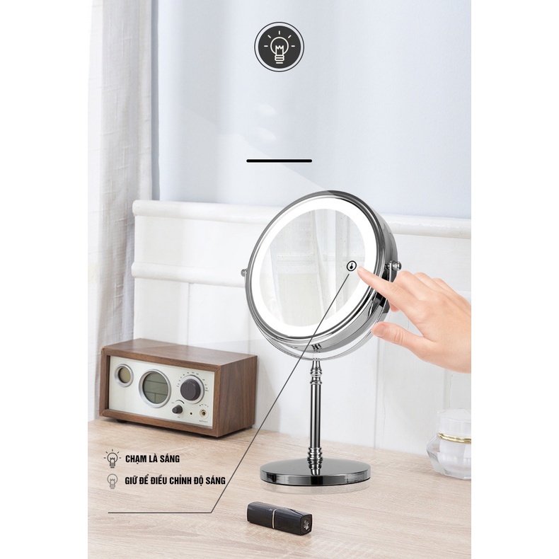Gương trang điểm đèn LED Roman cảm ứng để bàn phóng đại x3, xoay 360 độ 2 mặt Minh House