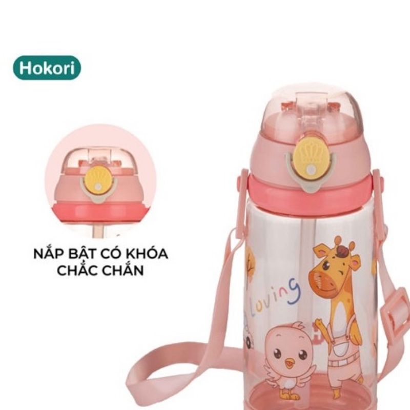 Bình Đựng Nước Có Ống Hút HOKORI 450ML Cho Bé Đi học, Đi chơi