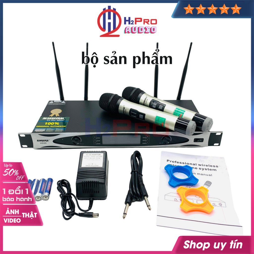 Đôi micro không dây Shure UGS9, micro karaoke không dây cao cấp 4 râu anten,quà 50k 2 chống lăn mic và 4 pin-H2pro tech