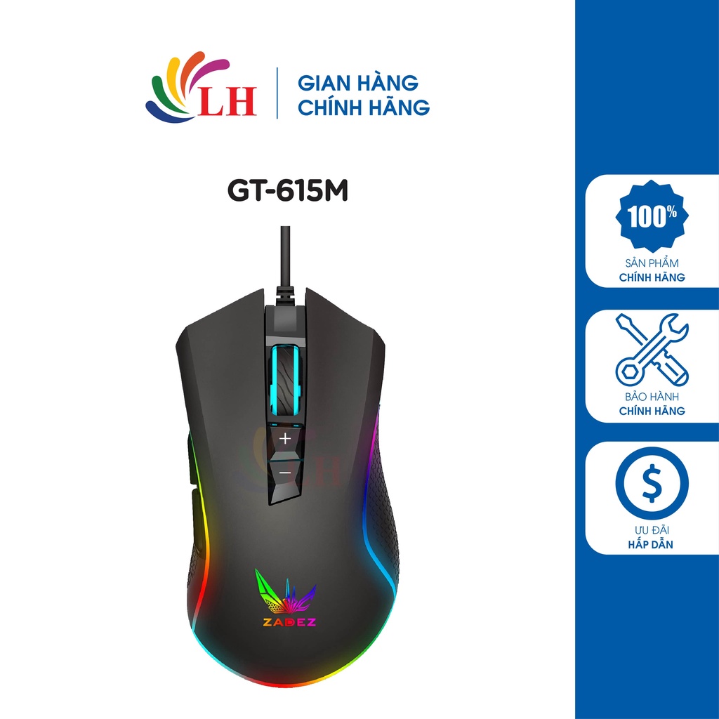 Chuột có dây Gaming Zadez GT-615M - Hàng chính hãng - Đèn LED RGB 16.8 triệu màu, cảm biến PixArt PMW3330