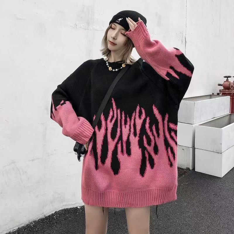 Áo sweater len nam nữ form rộng ngọn lửa xanh đen, áo sweater nam unisex màu đen thời trang ulzzang hàn quốc