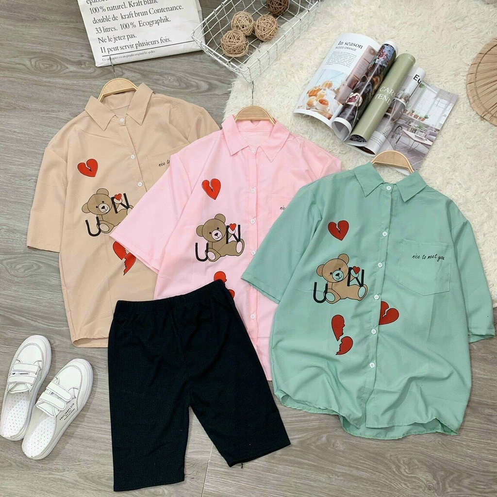 Set áo sơ mi from rộng in hình gấu phối quần legging,set bộ sơ mi tay lỡ thêu gấu tim quần thun ngố đi chơi mặc nhà cute