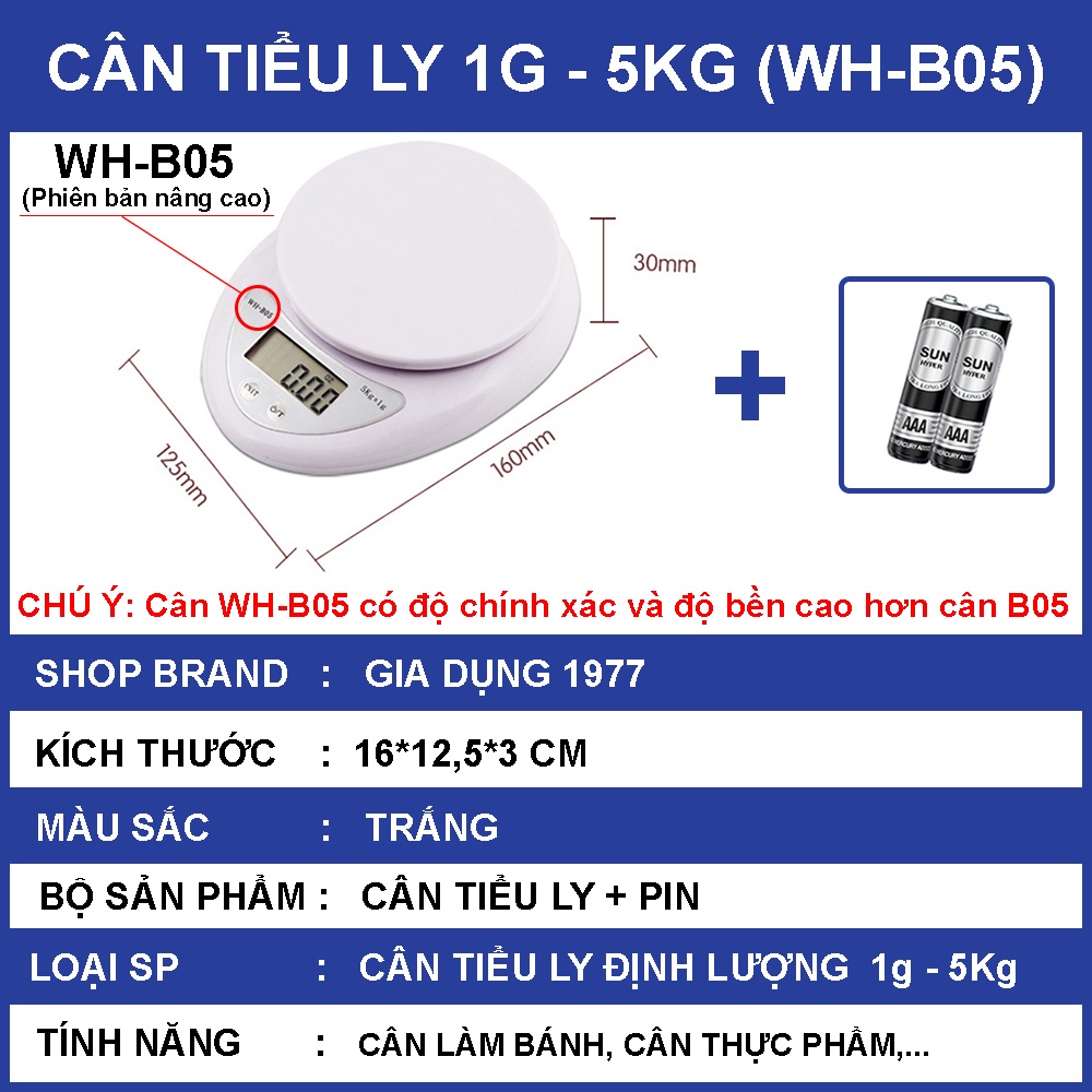 Cân tiểu ly điện tử nhà bếp mini định lượng 1g - 5kg, Cân tiểu ly làm bánh độ chính xác cao kèm 2 viên pin AAA