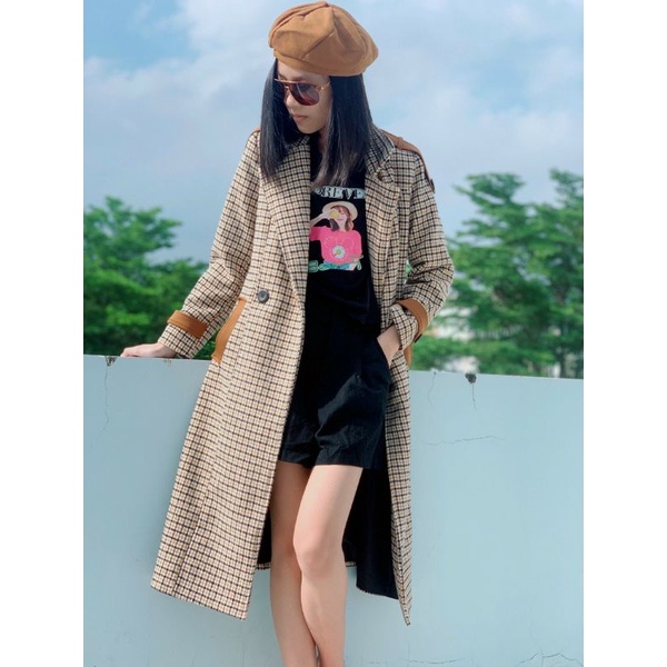Hàng nhập - Áo khoác dạ nữ caro cổ vest, áo dạ len manto tặng kèm mũ nồi
