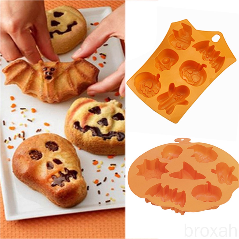 Khuôn Silicone Làm Bánh Tạo Hình Quả Bí Ngô Halloween 6 Ngăn