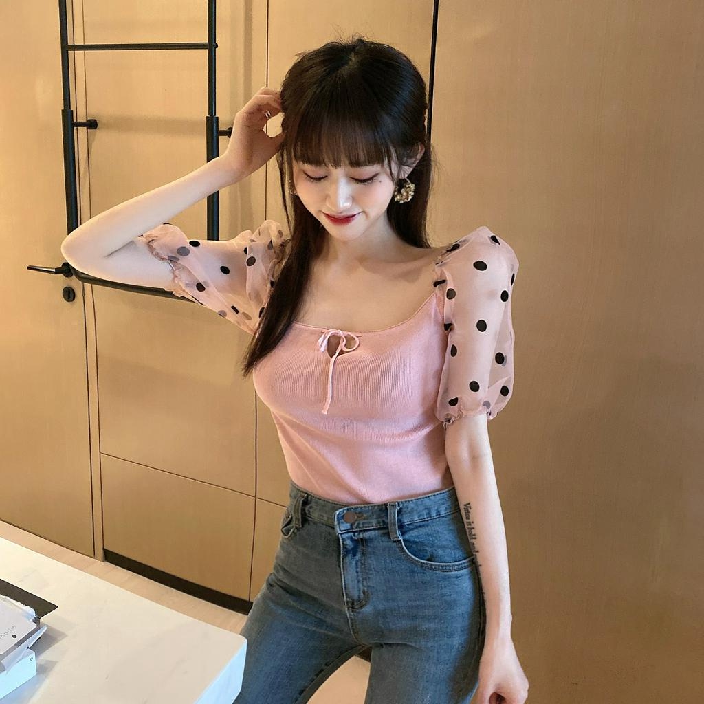 Áo kiểu croptop dệt kim tay phồng hoạ tiết chấm bi thanh lịch thời trang cho nữ