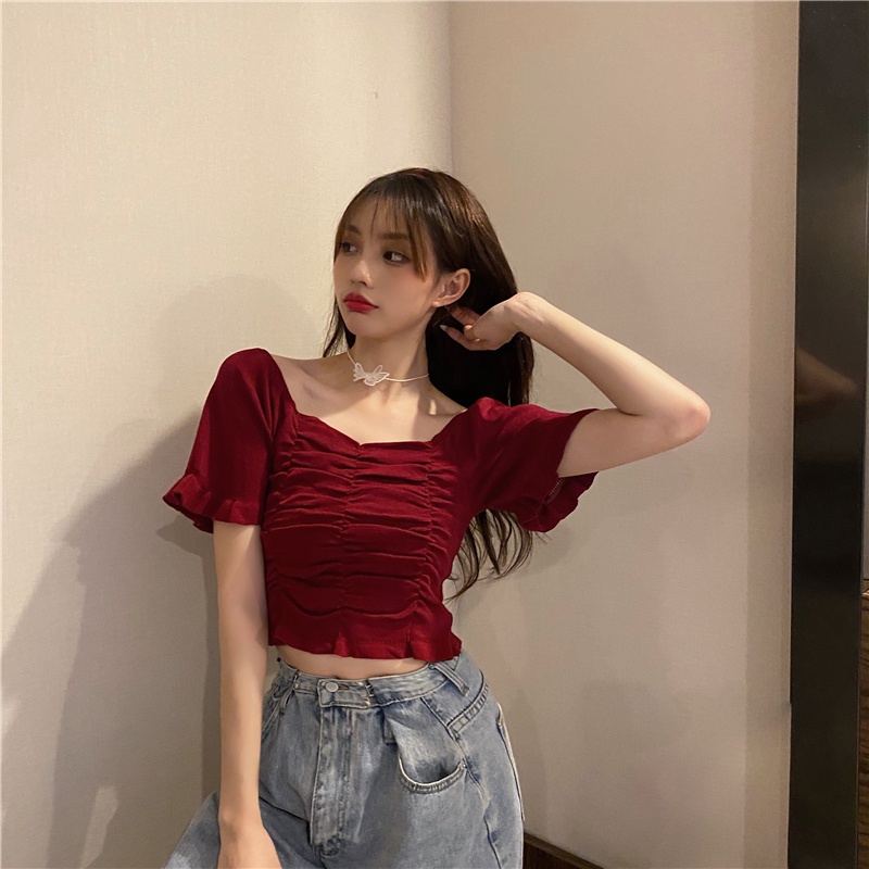 Áo kiểu ZHELIHANGFEI tay ngắn cổ vuông phong cách Pháp thời trang 2022 dành cho nữ