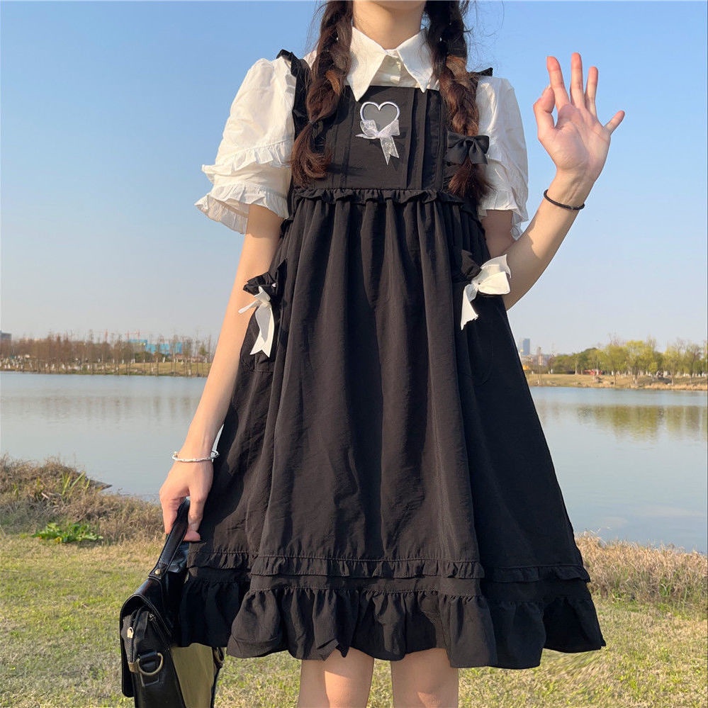 Bộ đầm lolita hai dây đính nơ và áo thời trang mùa hè mới dành cho nữ sinh