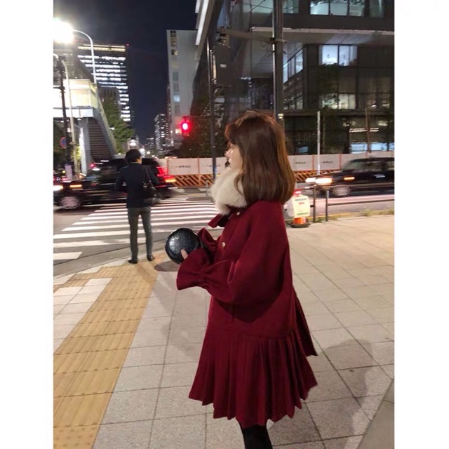 Áo khoác dạ cổ lông dáng xoè siêu đáng yêu style Hàn Ulzzang 2 màu đen đỏ