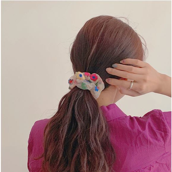 Dây chun buộc tóc vòng tay scrunchies hoa thêu sắc màu Hàn Quốc