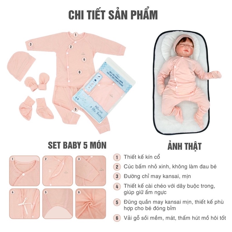 Comfy Baby - Set sơ sinh modal 5 món (quần áo + mũ + bao tay chân) mềm mát, thun giãn cho bé