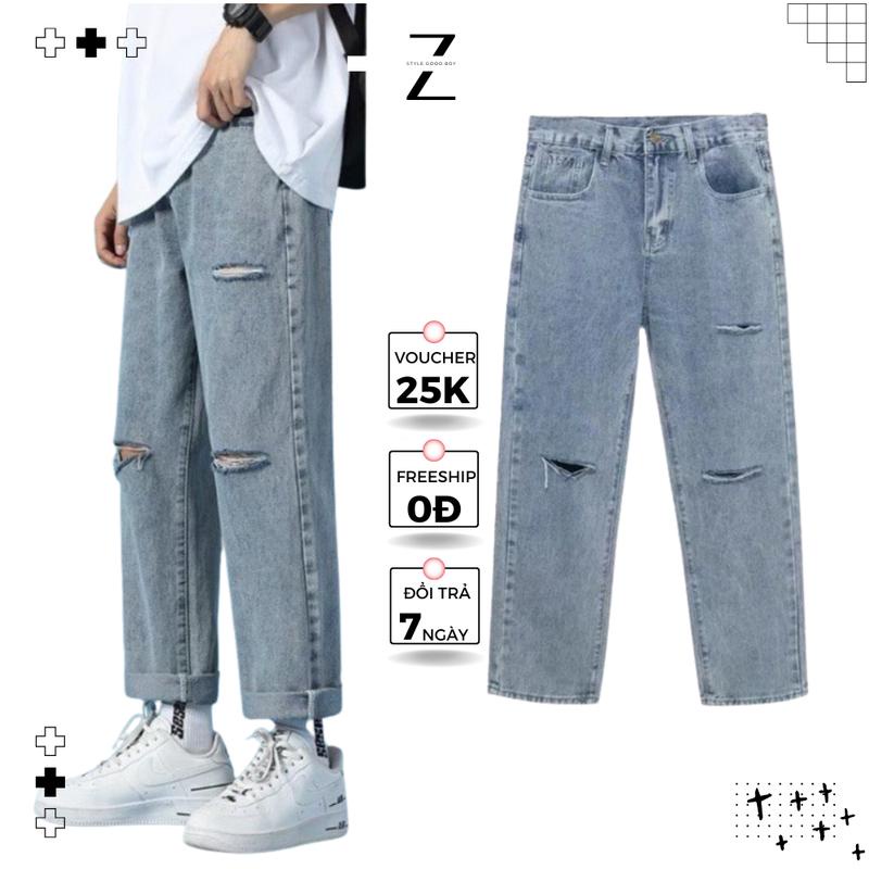 Quần jeans baggy nam dáng dài ống suông rộng vải jeans bò wash rách gối R3 - GenZ Store HN