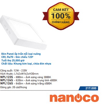 Đèn LED Panel Ốp Trần Nổi  Cảm Biến Loại Vuông Nanoco - NPL126SS (12W), NPL186SS (18W), NPL246SS (24w)- Góc Chiếu 120°