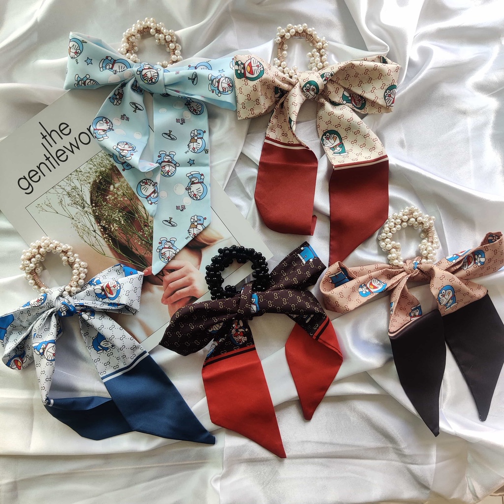 Dây buộc tóc ruy băng co giãn đính ngọc trai phong cách Hàn Quốc 2021 cho nữ