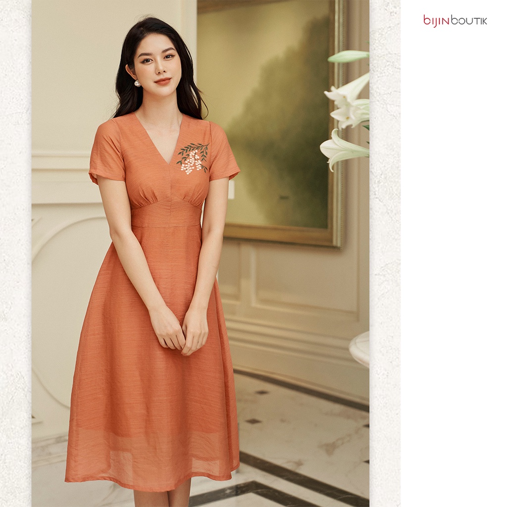 Đầm tơ cam nâu dáng A thêu chùm hoa BIJIN BOUTIK