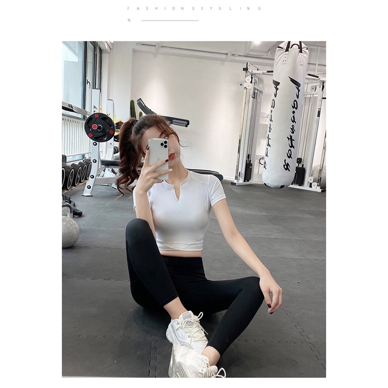 Áo croptop cổ V Quảng Châu cao cấp mới (đồ tập gym-yoga-zumba nữ)