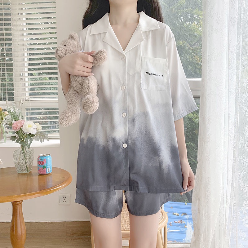 New style ice silk pajamas women's suit sweet girl style home clothes net red lovely Korean imitation silk short sleeved shorts