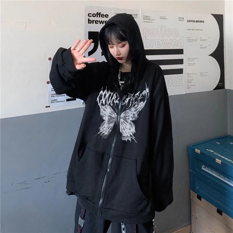Áo hoodie tay dài in họa tiết phong cách Harajuku có size lớn thời trang cho nữ Y2K