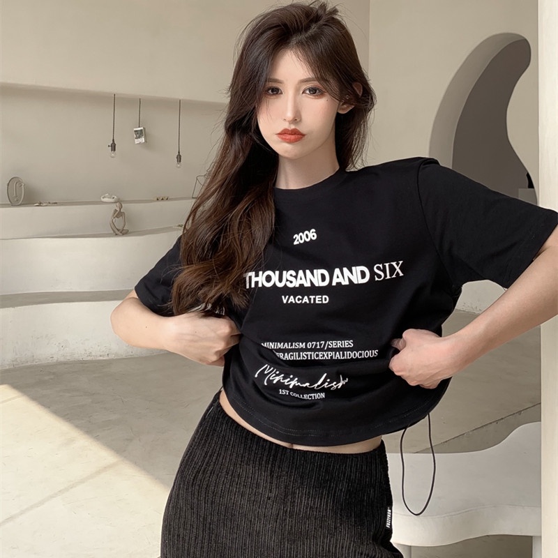 Áo Thun Tay Ngắn Dáng Rộng Phối Dây Rút Thời Trang Trẻ Trung Cho Nữ