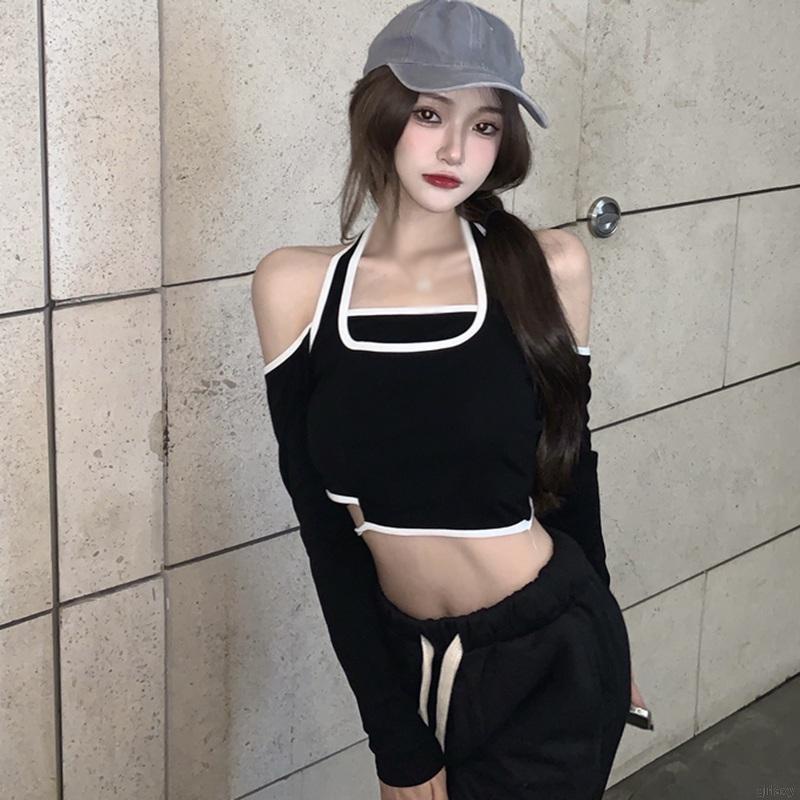 Áo croptop tay dài hở vai màu sắc thời trang Hàn Quốc dành cho nữ