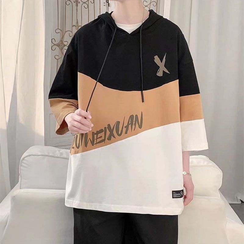 Áo Hoodie Tay Ngắn Dáng Rộng In Chữ Phong Cách Hip Hop Đường Phố Hàn Quốc Thời Trang Cho Nam Cỡ M-3XL