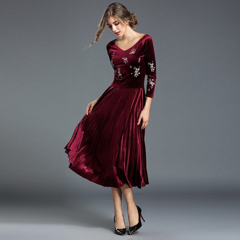 Real Shot Women's High Quality Embroidered Velvet Midi Pleated Party Dress | BigBuy360 - bigbuy360.vn