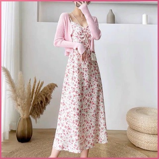  Đầm 2 dây hoa nhí ANVI Set áo váy hai dây dáng dài midi cotton và áo khoác croptop lửng hồng đẹp dưới 55kg . 
