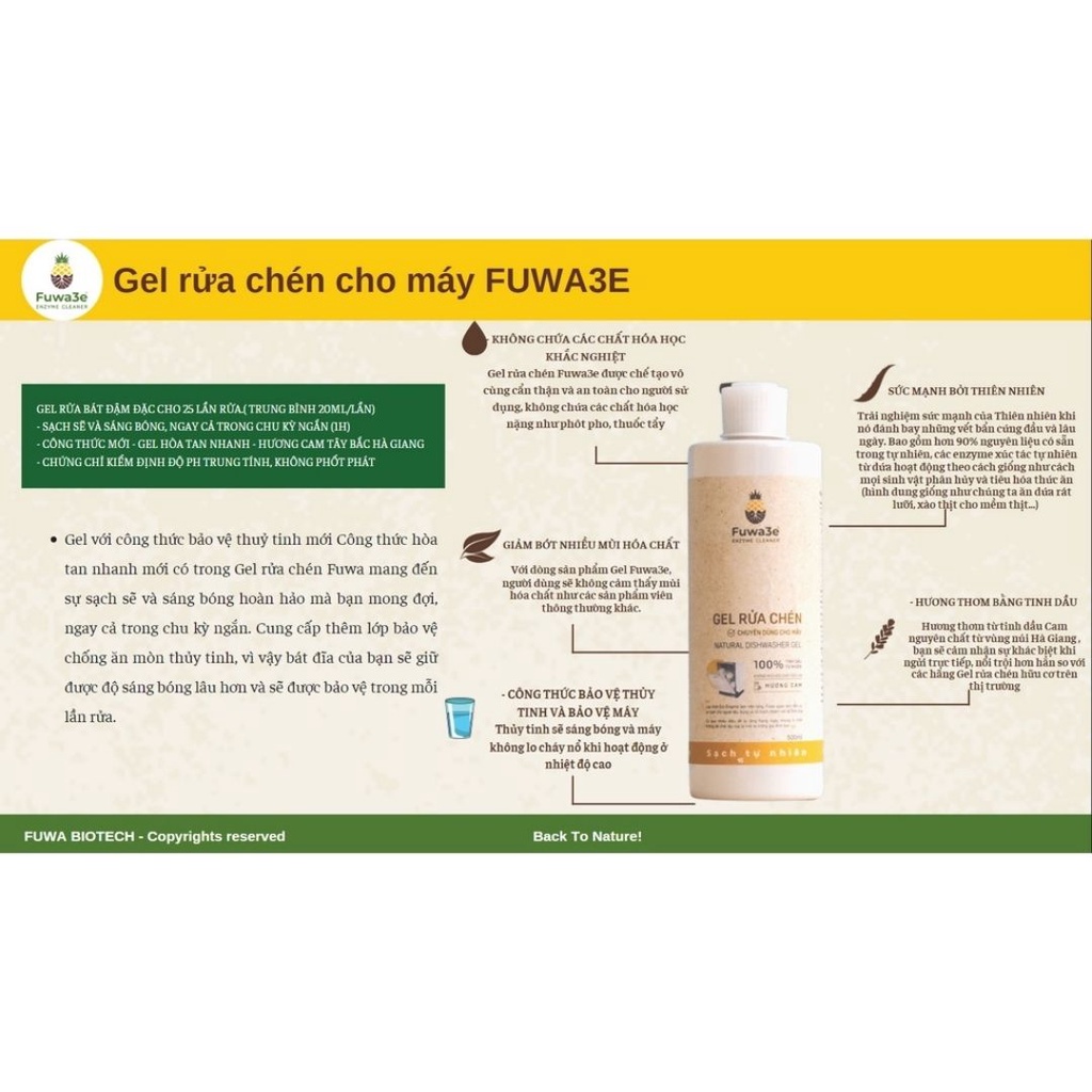 Nước rửa chén cho máy rửa chén bát Fuwa3e hữu cơ enzyme  sinh học dạng gel 2L
