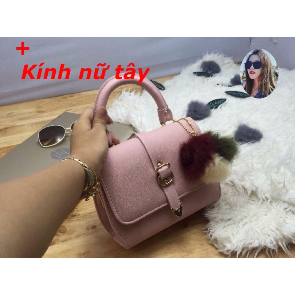 Túi xách tay nữ da HQ T001 (hồng)+ Kính nữ tây