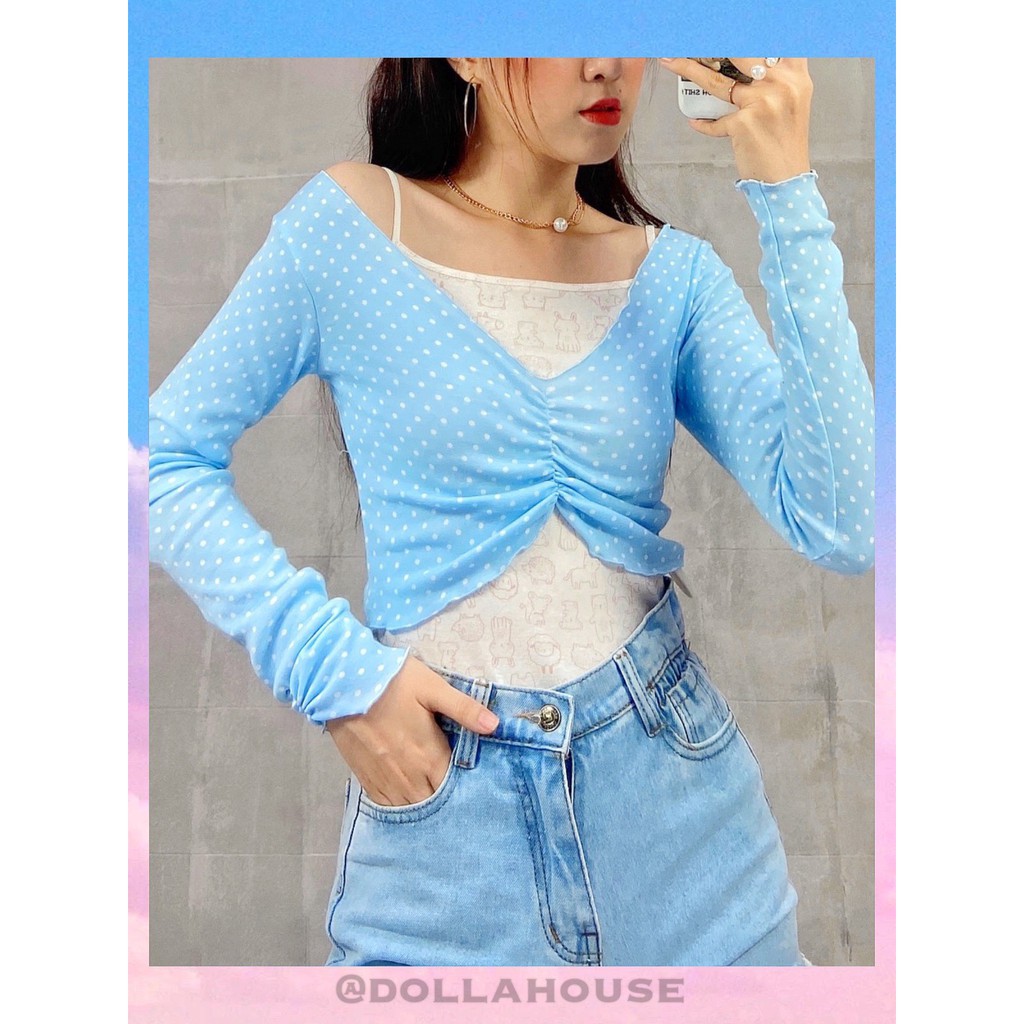 Áo croptop dài tay xẻ ngực cổ chữ V Hàn Quốc đẹp