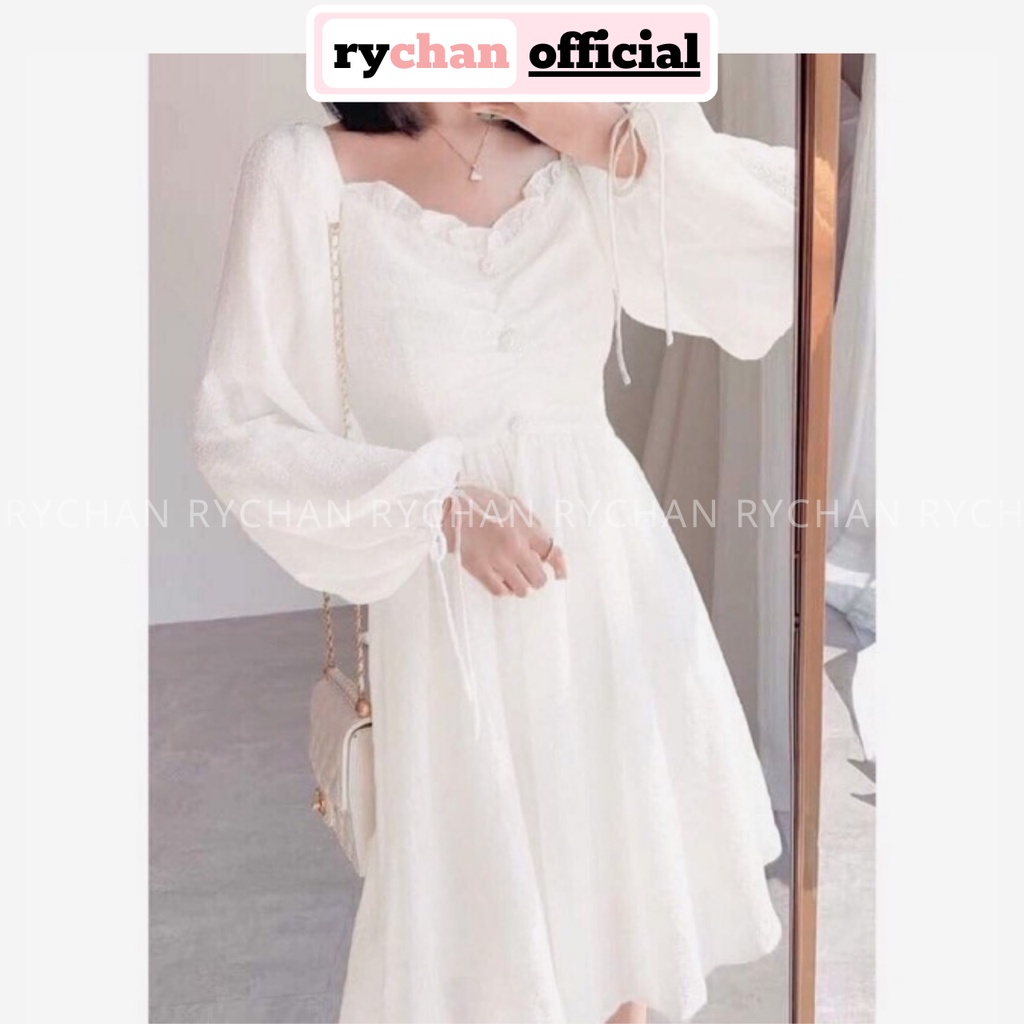 Đầm Nữ Dự Tiệc Dáng Xòe Cổ V Bèo Tay Dài Phồng Thắt Nơ Cực Bánh Bèo Màu Trắng[ẢNH THẬT CUỐI] -  DX9829