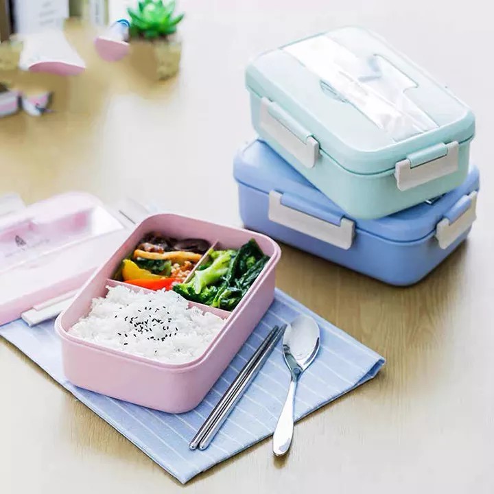 Hộp Đựng Cơm Ăn Trưa Văn Phòng 3 Ngăn  - Lúa Mạch - Kèm Đũa và Thìa | BigBuy360 - bigbuy360.vn