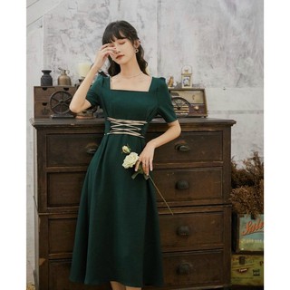 Đầm xanh lính đan dây kem (kèm hình thật)