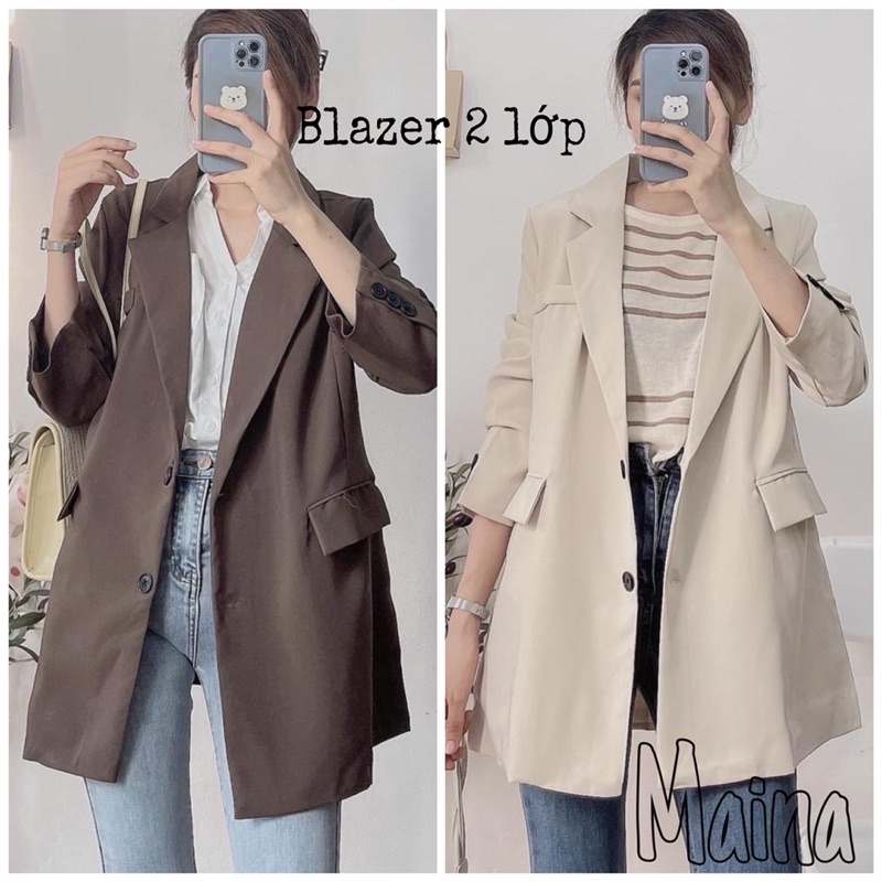 Áo blazer form rộng nâu-trắng