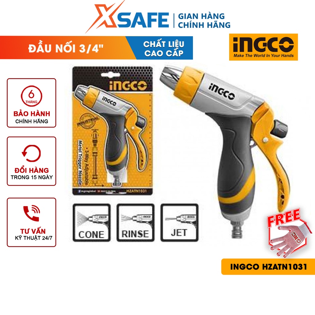 Vòi xịt tưới cây INGCO HZATN1031 3 tia Đầu nối 3/4&quot;, điều chỉnh 3 kiểu phun, kích thước 15x3.59x17.5cm