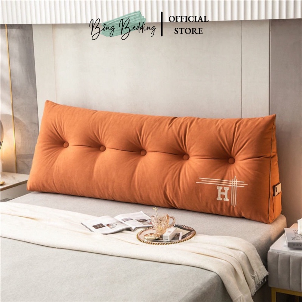 Gối Tựa Đầu Giường HIN BEDDING Hình Tam Giác Thêu Chữ H Đính Khuy Bọc Cao Cấp Có Sẵn 1m8 Và 1m5