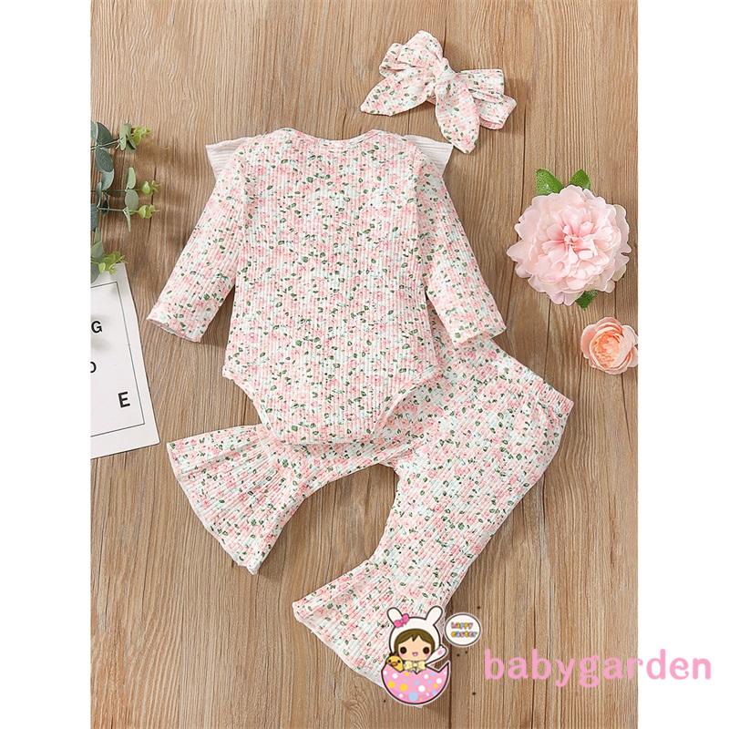 Set đồ 3 món áo liền thân tay dài phối bèo + quần dài ống loe in hoa + băng đô thời trang mùa thu cho bé gái