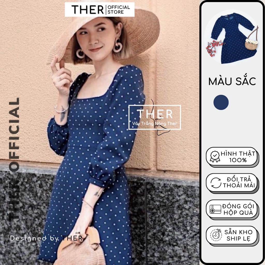 Đầm Nữ Đi Café Cổ Vuông Tay Lỡ Bo Thời Thượng, Đầm Nữ Form Ngắn Xoè Chấm Bi Trắng Màu Xanh (Kèm Ảnh Thật)